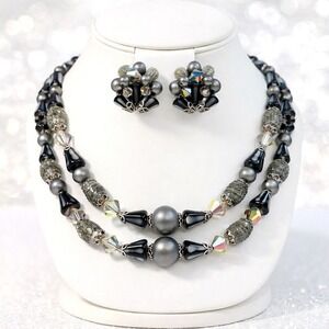 VTG Signed Art Arthur Pepper Double Strand AB Crystal Bead Necklace Earring Set